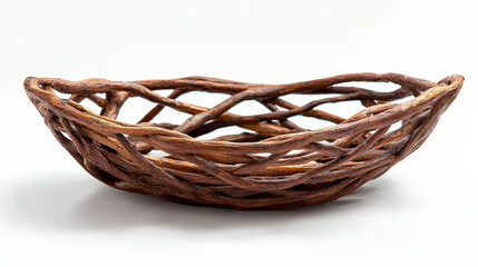A rustic bird's nest made of twigs and natural materials, intricately woven and displaying a warm, earthy color. The nest should be positioned on a clean surface to highlight its texture and craftsman