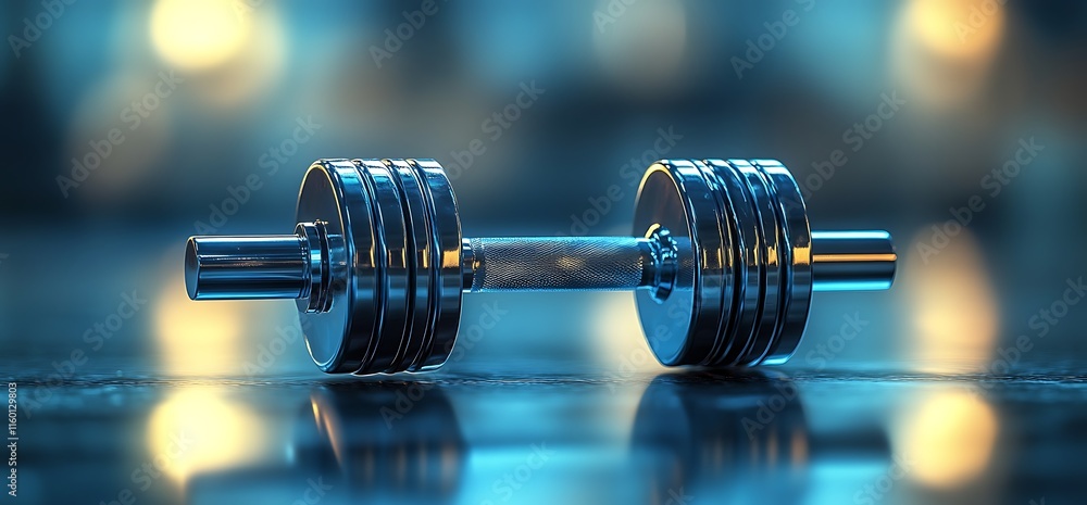 Poster a shiny dumbbell resting on a reflective surface, illuminated by soft lights.