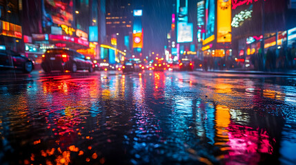 Obraz premium A vibrant urban scene reflecting colorful lights on wet streets during nighttime.