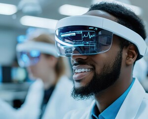 User wearing AR glasses in a medical lab, seeing realtime data from lab equipment and virtual samples