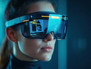 Closeup of a user wearing AR glasses in a smart home, controlling devices via digital overlays projected in their vision