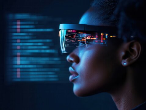 User wearing AR glasses while performing a complex task, with stepbystep instructions overlaid in their field of vision