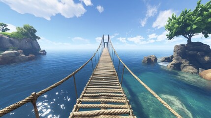 Obraz premium A serene rope bridge extending over calm waters under a clear blue sky.