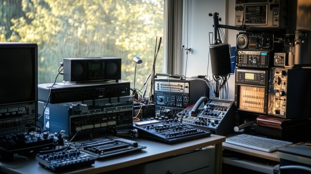 A carefully arranged amateur radio and communication station, Radios and antennas set for hobbyist broadcasts, Radio enthusiast style