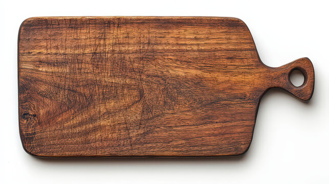 A rustic wooden cutting board made from rich, dark wood with a smooth surface and a handle on one side. The board has natural grain patterns and a warm finish, showcasing its craftsmanship. - Powered by Adobe