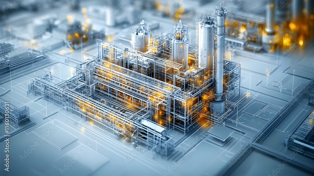 Poster a 3d rendering of an industrial facility with illuminated structures and pipelines.