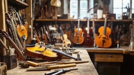 A carefully arranged musical instrument repair workshop, Instruments and repair tools set for meticulous restoration, Instrument technician style