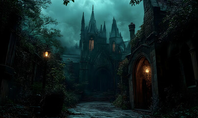 Obraz premium A dark, atmospheric alleyway leading to a gothic-style building under a stormy sky.