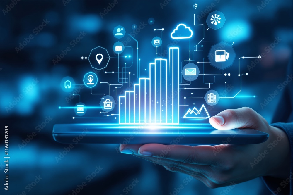 Poster illustration of glowing bar chart and digital icons floating above a tablet held by a hand, futurist