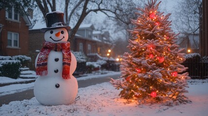 Obraz premium Festive Snowman and Decorated Christmas Tree in Winter