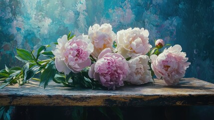 Delicate pink and white peonies on rustic wooden surface.