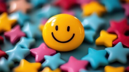 Grinning face encircled by affirmative icons, stars, and joyful emojis - Celebrating customer appreciation, feedback excellence, and contentment