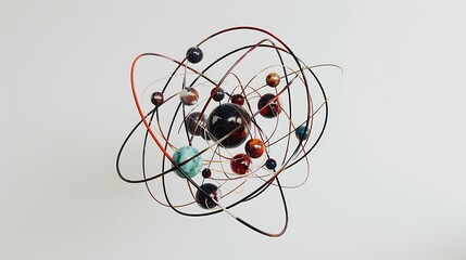  geometric model of an atom with electron orbits and protons in the nucleus, against a white backdrop