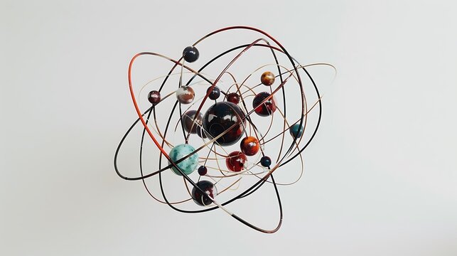  geometric model of an atom with electron orbits and protons in the nucleus, against a white backdrop