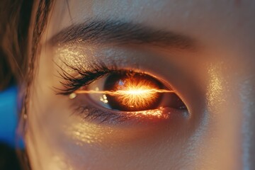 Naklejka premium 美しい目のクローズアップで光が反射し、神秘的な雰囲気を醸し出す