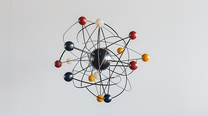  geometric model of an atom with electron orbits and protons in the nucleus, against a white backdrop