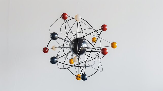 geometric model of an atom with electron orbits and protons in the nucleus, against a white backdrop
