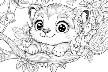 Fototapeta premium A cute cat is sitting on a branch with flowers. The cat is smiling and looking at the camera. The image has a light and playful mood, and it seems to be a drawing or coloring page