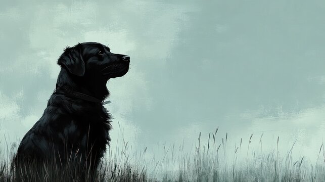 A serene depiction of a black dog sitting in a grassy field, gazing into the distance.