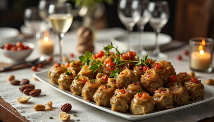 Elegant dining setup with assorted dolma and crystal glassware, sophistication