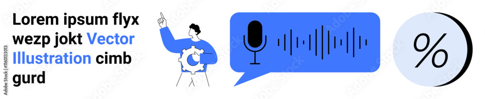 Poster man with gear pointing up, speech bubble with microphone and sound waves, percentage symbol. ideal f