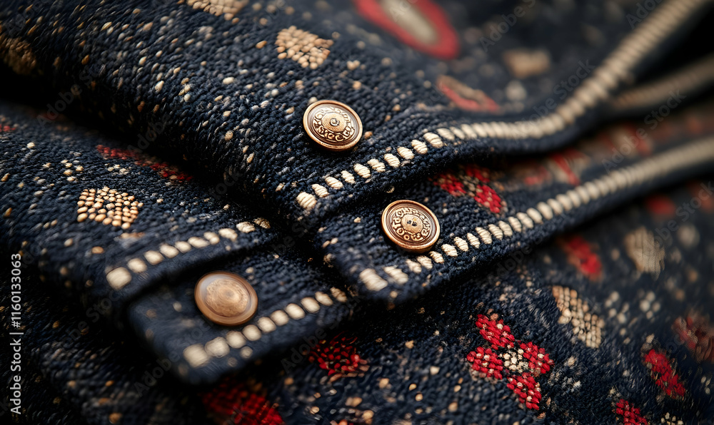 Aufkleber close-up of a patterned fabric with buttons, showcasing textile design and craftsmanship.