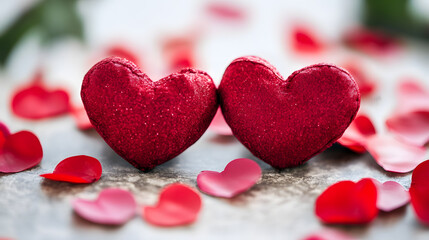 Fototapeta premium Two Red Heart Shaped Decorations Surrounded by Petals on Rustic Surface Symbolizing Love and Romance : Generative AI