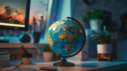 A globe placed on a white desk, with a map of the world clearly visible