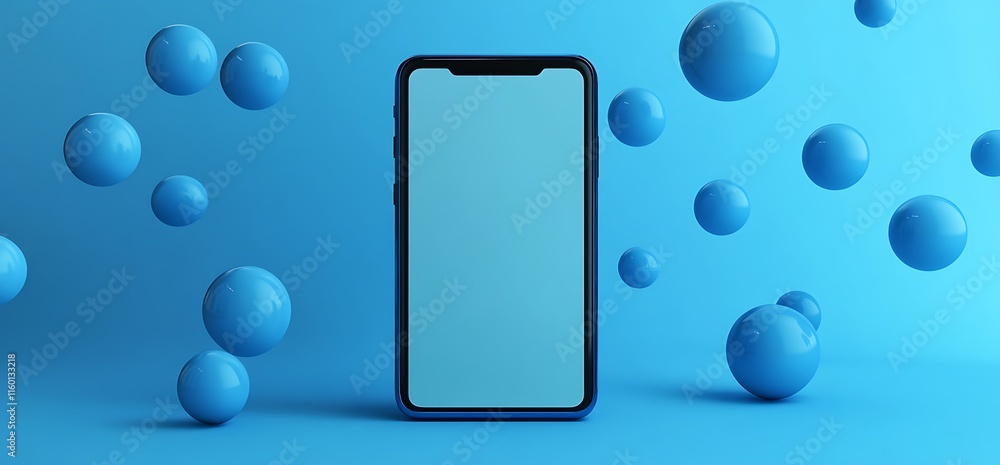 Poster a smartphone displayed against a blue background with floating spheres.