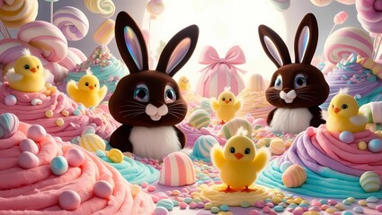 Candy Wonderland: A magical world with giant chocolate bunnies, marshmallow chicks, and pastel-colored candies.