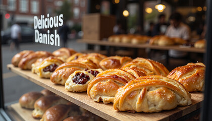 Assortment of Danish pastries displayed in bakery window, morning delight