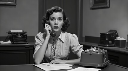 Vintage Office Scene Featuring Woman Using Rotary Phone