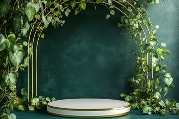 A round podium with gold trim, surrounded by green leaves and plants on the right side of an empty dark emerald wall