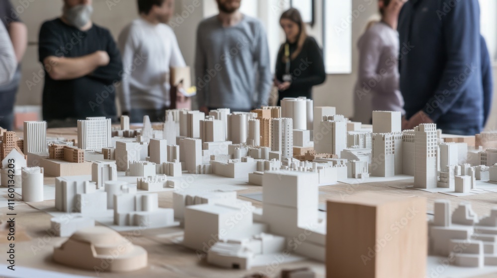 Aufkleber A collaborative architecture workshop with urban planners designing sustainable city models using blocks, Blocks arranged for urban planning simulations, Sustainable city style