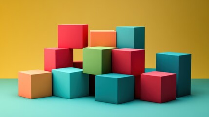 Obraz premium Abstract Colorful Cubes Composition: A vibrant arrangement of geometric shapes against a teal and yellow backdrop, showcasing a playful and modern aesthetic.