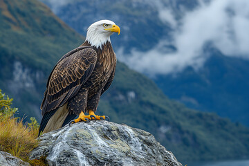 An elegant bald eagle perched majestically on a rocky outcrop, its sharp eyes gazing into the distance