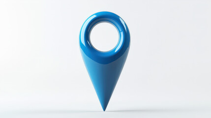 A smooth, stylized blue location pin icon, featuring a circular hole at the top and a pointed bottom. The pin should have a glossy finish and a modern design, standing upright against a clean white ba