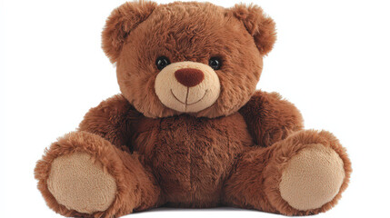 Obraz premium A soft, plush teddy bear with a warm brown color, sitting upright with a friendly smile. The bear should have round ears and a cozy appearance, inviting a sense of comfort and nostalgia, isolated on a