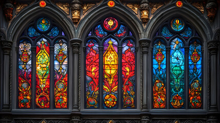 Obraz premium Colorful stained glass windows depicting intricate designs and vibrant hues.