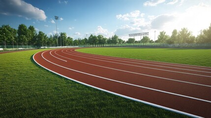 Running Track with Green Grass and Sunny Sky