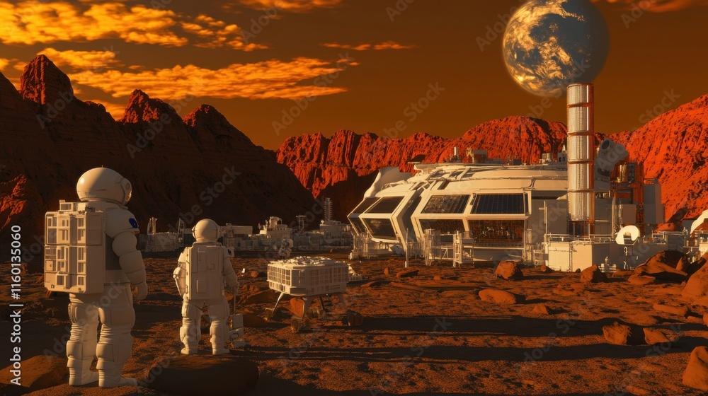 Aufkleber A collaborative space exploration mission with astronauts constructing habitats on Mars using modular blocks, Blocks arranged for Martian habitat construction, Space colonization style