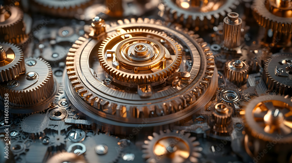 Poster a close-up view of intricate metallic gears showcasing mechanical design and engineering.
