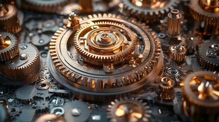 A close-up view of intricate metallic gears showcasing mechanical design and engineering.
