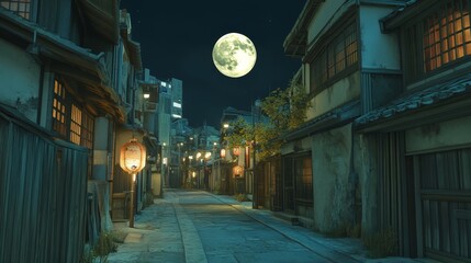 A serene night scene of a traditional street illuminated by lantern under a full moon.