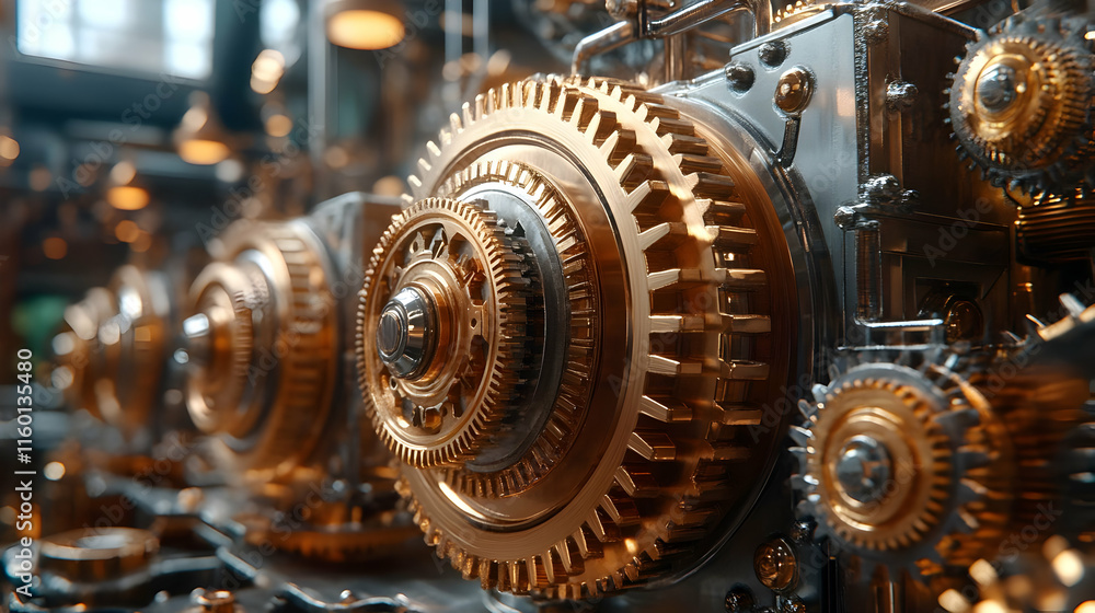 Poster close-up of intricate golden gears showcasing mechanical design and engineering.