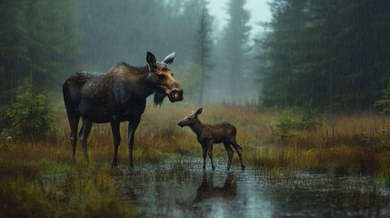 Naklejka premium A mother moose and her calf walking through a rain-drenched meadow at the edge of a forest, mist rising from the ground, richly detailed in 4K.