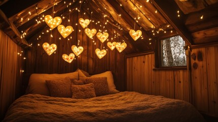 Cozy wooden attic bedroom with heart-shaped string lights