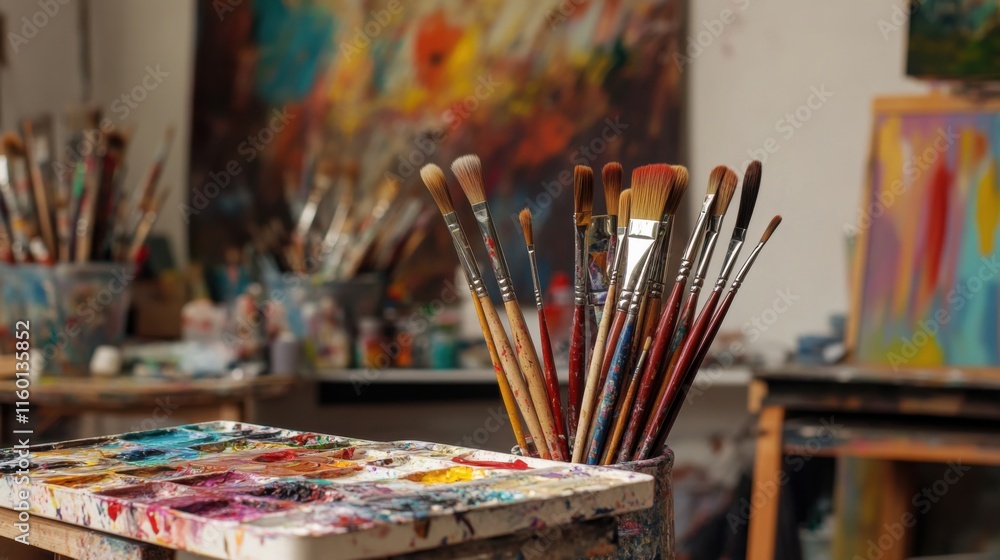 Poster a contemplative painting session in an artist's studio, paintbrushes and palettes arranged with arti