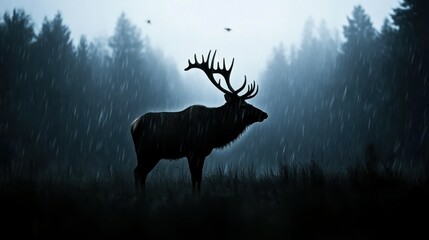 Obraz premium An elk silhouetted against a moody, rainy forest landscape, droplets sparkling in the dim light, surrounded by dense Swedish wilderness, photorealistic in 4K.