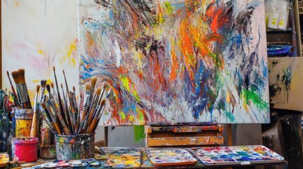 A contemplative painting session in an artist's studio, Paintbrushes and palettes arranged with artistic flair, Expressionist style